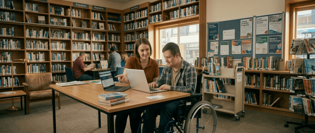 Caregiver helping young man in wheelchair paint at a table with art supplies